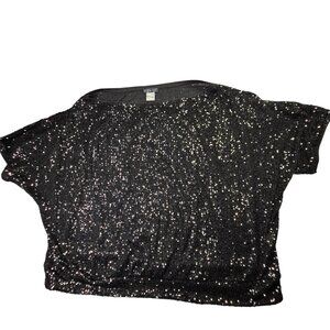 VENUS Shirt Women Plus 1X Black Sequined Short Sleeve Banded Hem Party Hollywood